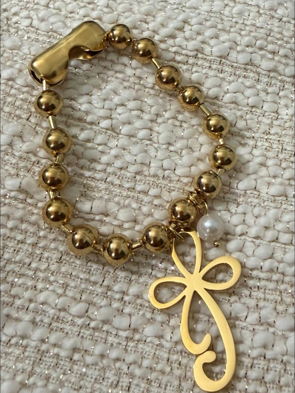 Gold Bead Bracelet with Script Charm and Pearl Accent